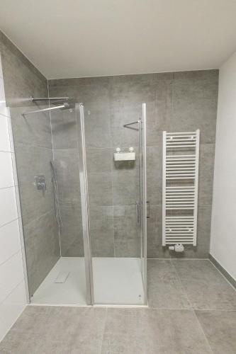 a shower with a glass door in a bathroom at sehusa living in Seesen