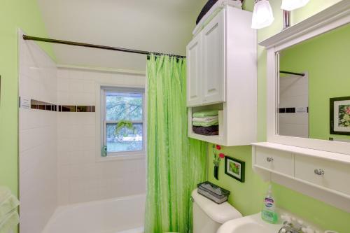 La salle de bains est pourvue d'un rideau de douche vert et d'un lavabo. dans l'établissement Historic Home with Sunroom - 5 Mi to Lambeau Field!, à De Pere