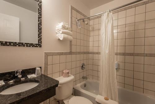 y baño con aseo, lavabo y bañera. en Hotel le Roberval, en Montreal