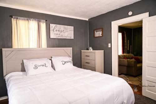 ein Schlafzimmer mit einem großen weißen Bett mit zwei Kissen in der Unterkunft Couple Getaway 5 mins from Downtown in Knoxville