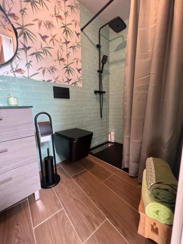 een badkamer met een douche, een toilet en een wastafel bij Apartamentos García de Paredes in Trujillo