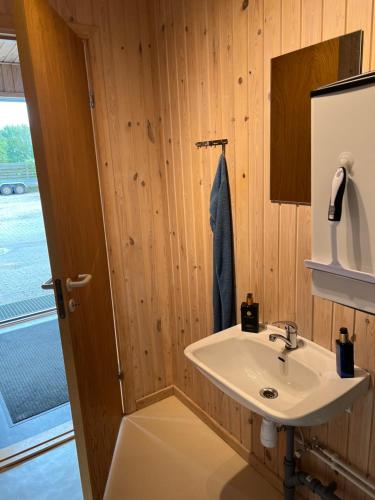 een badkamer met een wastafel en een spiegel bij Hyggeligt lille anneks tæt på Ribe in Ribe
