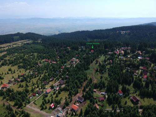 una vista aerea di un piccolo villaggio in una foresta di Cabana veverita a Sîntimbru-Băi
