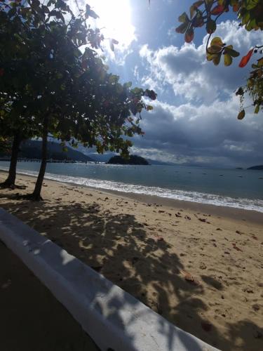 a sandy beach with a tree and the ocean at SUÍTES Caminho do Mar in Abraão