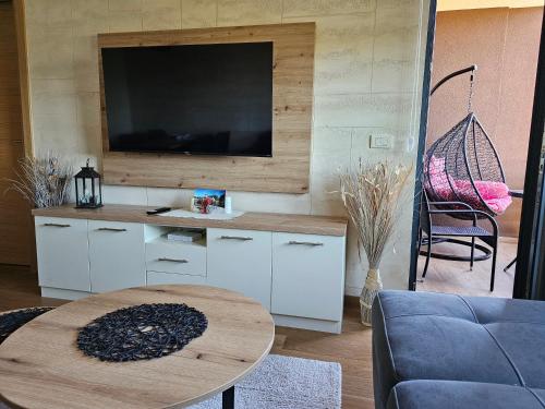 a living room with a tv and a table at Vila Pekovic Blue - Apartman TORG in Zlatibor