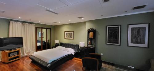 a bedroom with a bed and a flat screen tv at Andromeda Suites in Athens