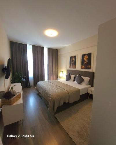 a bedroom with a large bed and some windows at David’s place in Floreşti