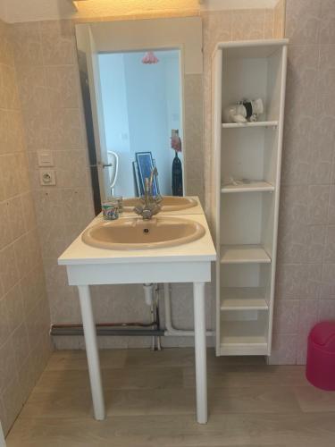 une salle de bain avec un lavabo et un miroir dans l'établissement Satine, à Perpignan