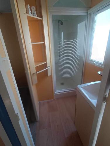 La cuisine est équipée d'un réfrigérateur en verre et d'un évier. dans l'établissement Camping Tohapi Coeur de Vendée, à La Boissière-de-Montaigu