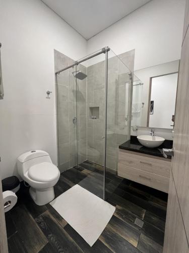 a bathroom with a shower and a toilet and a sink at Edificio Lotus Loft in Cali