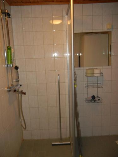 a shower with a glass door in a bathroom at Wilderness Chalet Kuusamo in Kiviperä