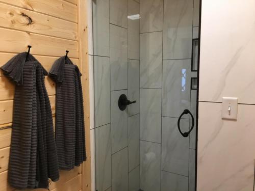 a shower in a bathroom with a glass door at Junaluska @ Sky Ridge Yurts in Bryson City