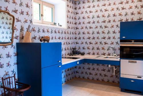 a kitchen with blue cabinets and floral wallpaper at Haus Himmelfahrt in Soprabolzano