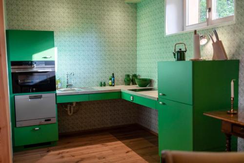 a green kitchen with a sink and a stove at Haus Himmelfahrt in Soprabolzano