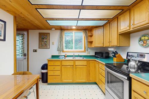 a kitchen with wooden cabinets and a sink at Christina Cabin in Girdwood
