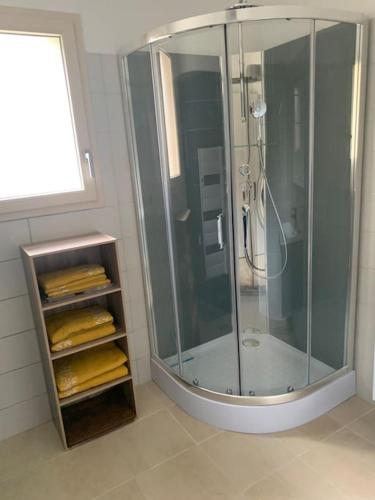 La salle de bains est pourvue d'une cabine de douche en verre. dans l'établissement gîte de Champoulas, à Saint-Martin-le-Supérieur