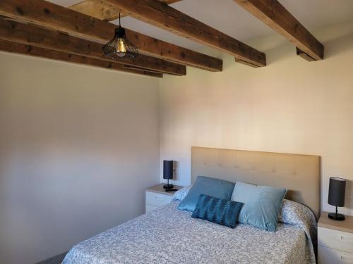een slaapkamer met een bed met blauwe kussens bij El Ático de Entrevías - Apartamento con garaje y WIFI in León