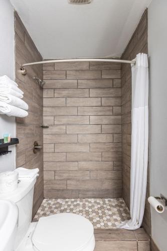 a bathroom with a shower with a white toilet at Butler Inn in Oxford
