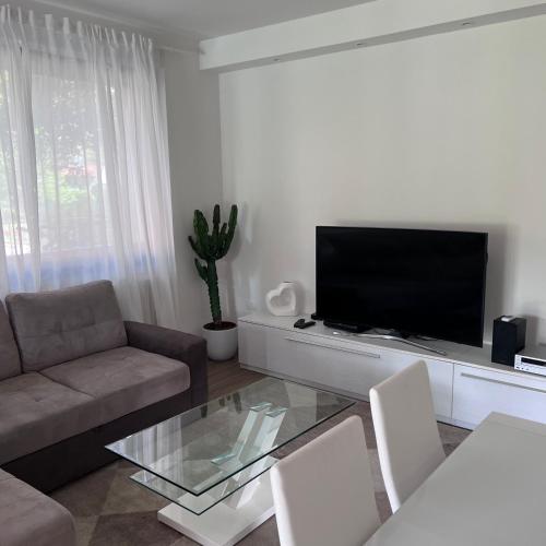a living room with a couch and a flat screen tv at VILLA LIDO - Lake Como in Colico