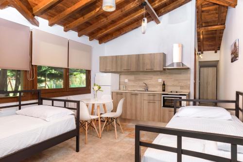 two beds in a room with a table and a kitchen at Panorama Studios in Ierissos