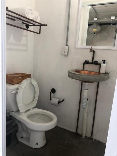 a bathroom with a toilet and a sink at Hotel RHV in Zihuatanejo