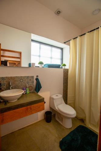 a bathroom with a sink and a toilet and a window at Casa Don Pedro Faro in San Cristóbal de Las Casas