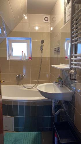 a bathroom with a sink and a bath tub at 3 Apartments in 1 location in Prague