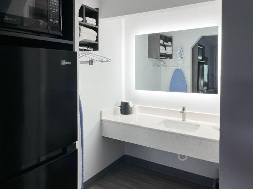 een badkamer met een wastafel en een spiegel bij Suites Lafayette IN in Lafayette