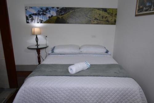 een slaapkamer met een bed met een rol erop bij La Estancia Hotel Boutique in Salamina