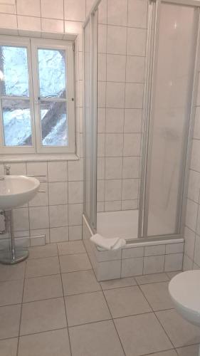 La salle de bains blanche est pourvue d'une douche et d'un lavabo. dans l'établissement Gasthaus "Garni" Am Viehmarkt, 