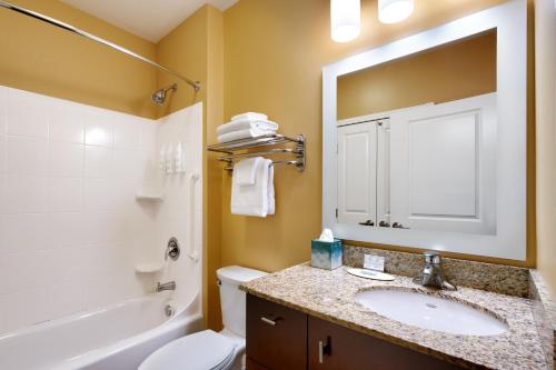a bathroom with a sink and a toilet and a mirror at TownePlace Suites by Marriott Missoula in Missoula
