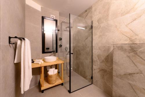 a bathroom with a glass shower with a sink at בקתות שוויצריה הקטנה בכרמל in Haifa