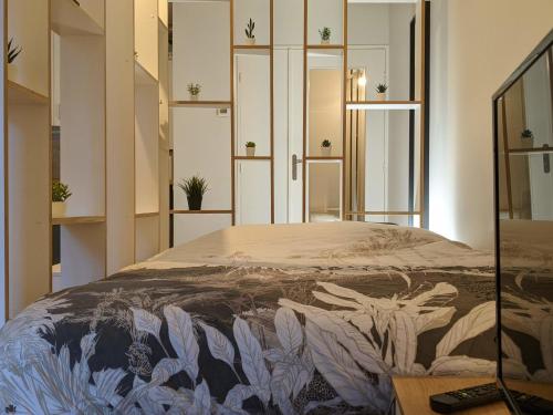 - une chambre avec un lit dans une pièce dotée d'étagères dans l'établissement Logement charmant Charpennes, à Villeurbanne