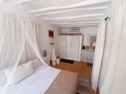 a bedroom with a white bed with a canopy at STUDIO LOFT MEDINA AVEC TERRASSE in Marrakech