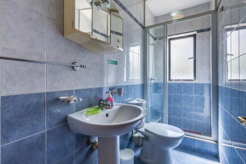 La salle de bains est pourvue d'un lavabo et de toilettes. dans l'établissement Adorable Seaview apt at St Paul's Bay, à San Pawl il-Baħar