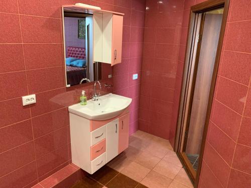 ein Bad mit einem Waschbecken und einem Spiegel in der Unterkunft APARTMENT PREMIUM VIP in Berdychiv