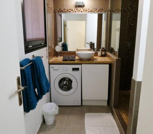 ein Badezimmer mit einer Waschmaschine und einem Waschbecken in der Unterkunft Appartement Seacret in Baie Nettle