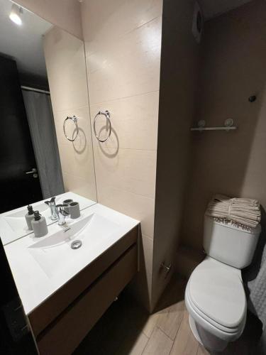 ein Badezimmer mit Toilette, Waschbecken und Spiegel in der Unterkunft 2 dormitorios a pasos de la CLC in Santiago