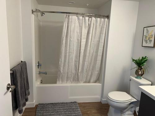 a bathroom with a shower curtain and a toilet at Incredible Hollywood Loft Free Parking in Los Angeles