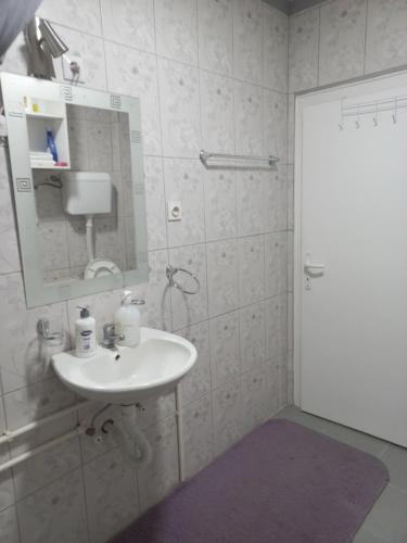 een witte badkamer met een wastafel en een spiegel bij Apartmani Lovčević in Bogatić