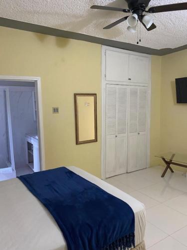 a bedroom with a bed and a ceiling fan at Runthings Hideaway Stay Negril in Negril