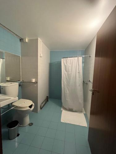 a bathroom with a white toilet and a shower at Hotel Paulo VI in Rio Maior