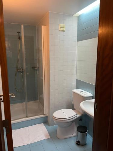 a bathroom with a toilet and a shower and a sink at Hotel Paulo VI in Rio Maior