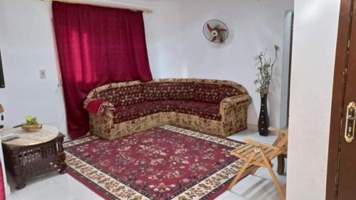 un soggiorno con divano e tappeto rosso di شقق مفروشه a Città del 6 ottobre