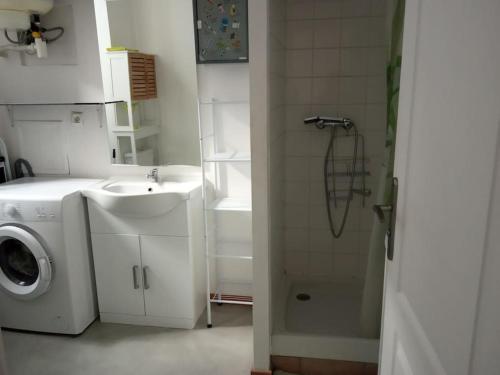 une salle de bain avec une machine à laver et un lavabo dans l'établissement appartement Netflix parking gratuit climatisation, à Saint-Ambroix
