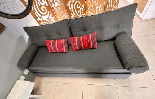 a gray couch with two red pillows on it at Monoambiente Manzanares in Cipolletti