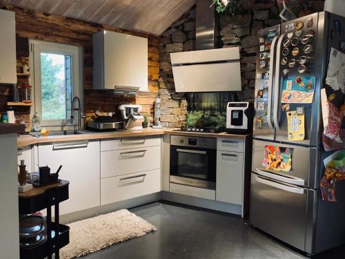 cocina con electrodomésticos de acero inoxidable y pared de piedra en Un havre de quiétude au cœur des Montagnes, en Métabief