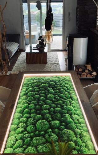 a large green rug in the middle of a living room at Un havre de quiétude au cœur des Montagnes in Métabief