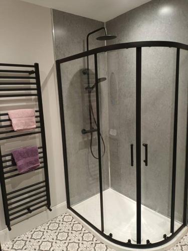 a shower with a glass door in a bathroom at Tummock Studio perfect for exploring the North coast in Kilraghts