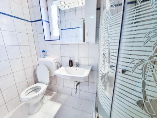 a white bathroom with a toilet and a sink at Da Vinci Apartment in Kapfenberg